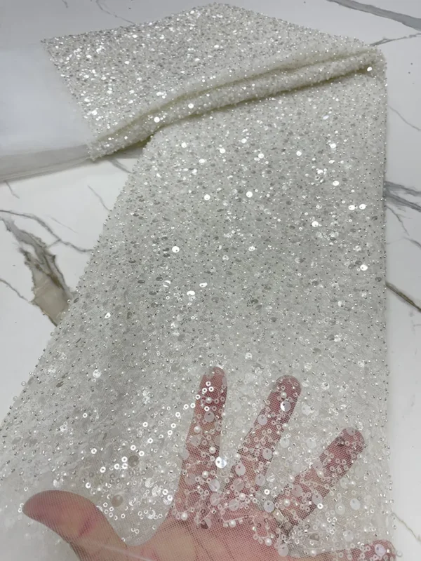 PGC Heavy Silver Sequins Lace Fabric With Bead For Bridal Dress Luxury Evening Dress French Lace 5 Yards